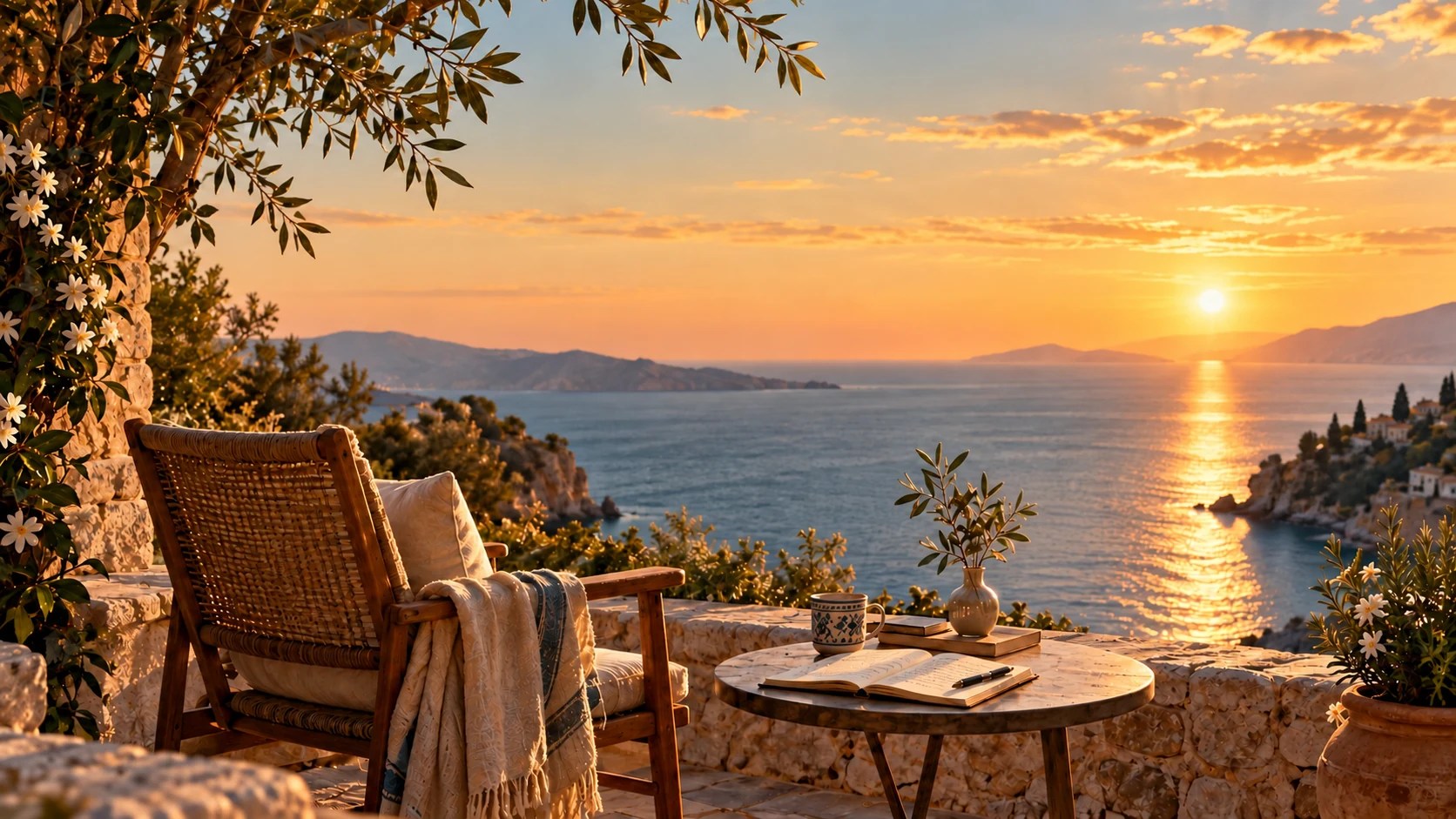 A quiet space for reflection overlooking the Mediterranean.