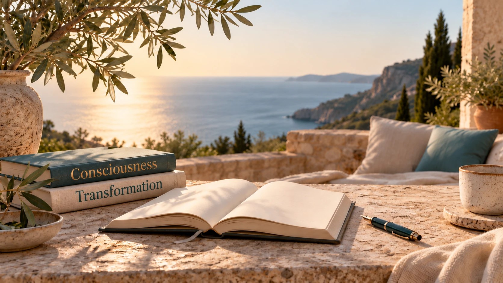 Books titled Consciousness and Transformation, an open book and a fountain pen overlooking the Mediterranean.