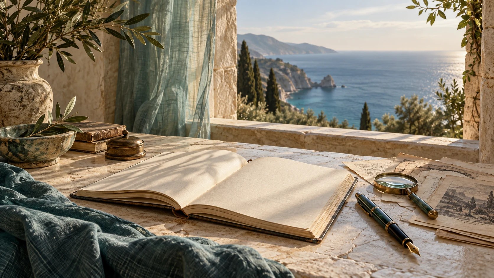 An open research notebook, historical papers, fountain pen and magnifying glass beside a Mediterranean window.