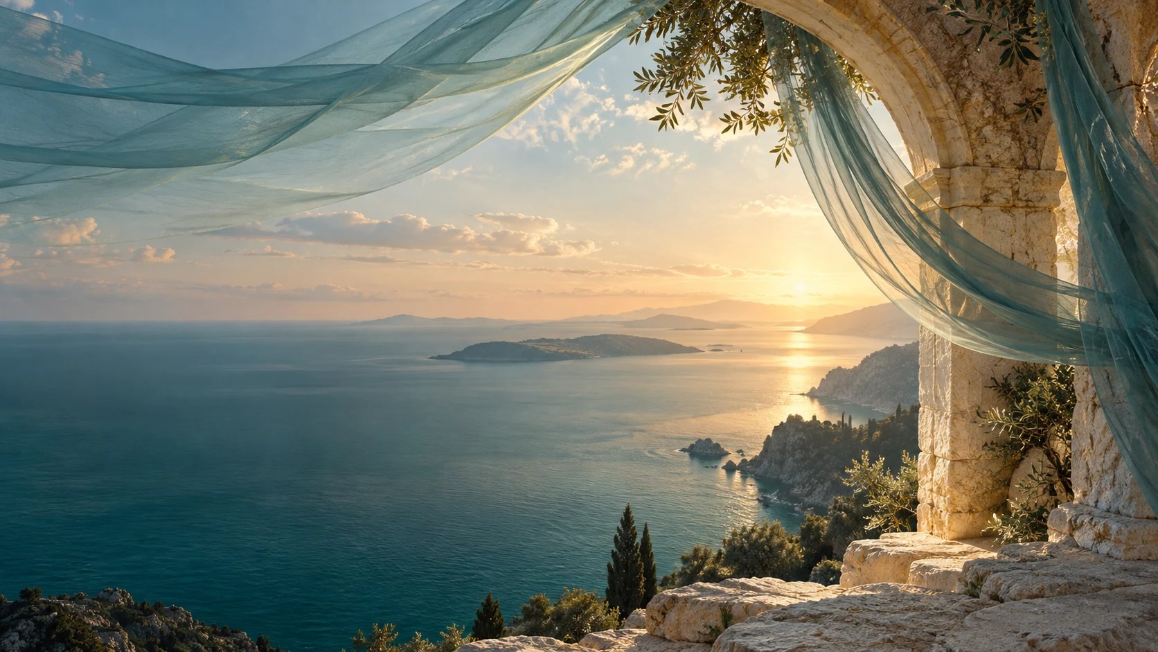 Translucent teal veils and a stone archway overlooking the Mediterranean, evoking memory and continuity.