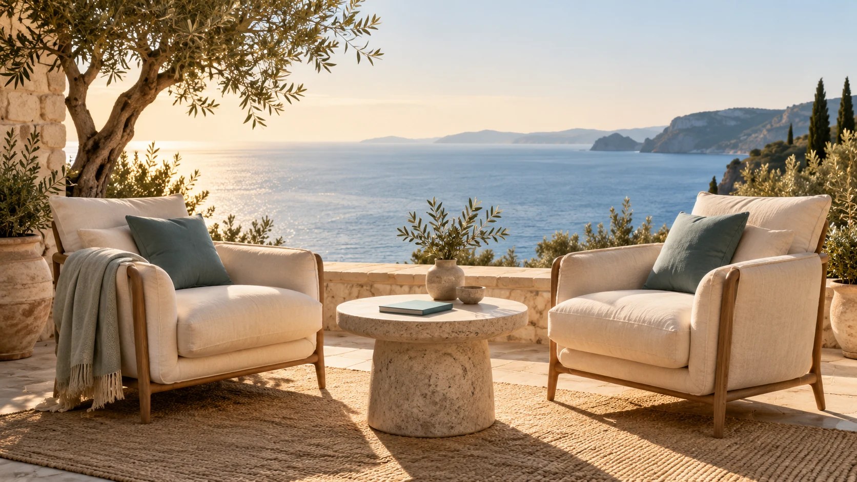Two welcoming armchairs on a Mediterranean terrace, inviting dialogue and individual support.