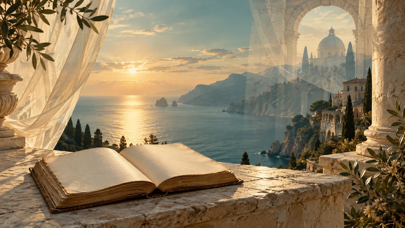 A book beside translucent glimpses of historical archways in teal and ivory, suggesting stories across time.